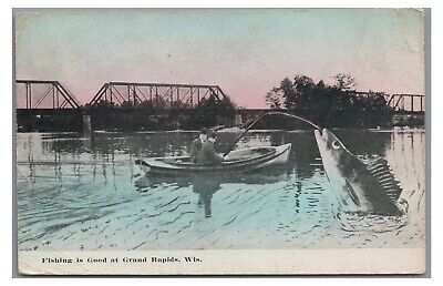 Exaggeration Fishing is Good at GRAND RAPIDS WI Vintage Wisconsin Postcard
