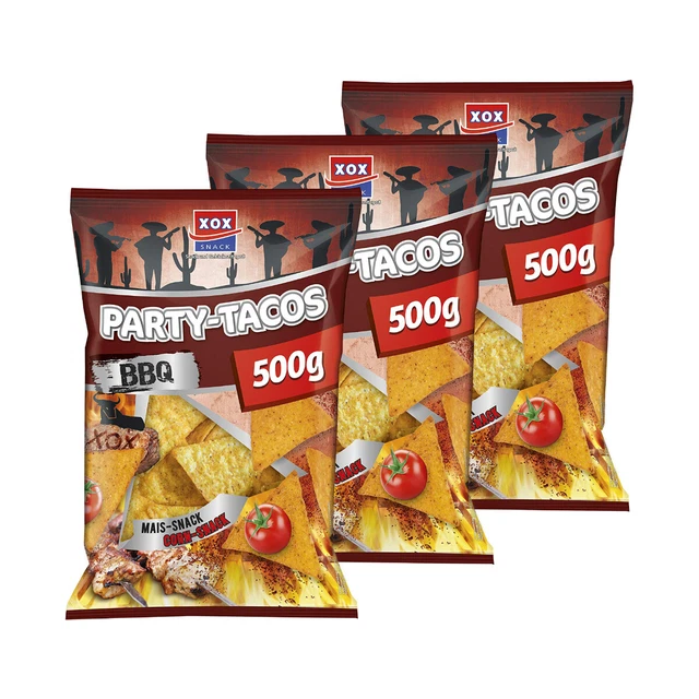Xox Fête Tacos Barbecue Maïs Snack Piquant Croustillant 500g 3er Pack