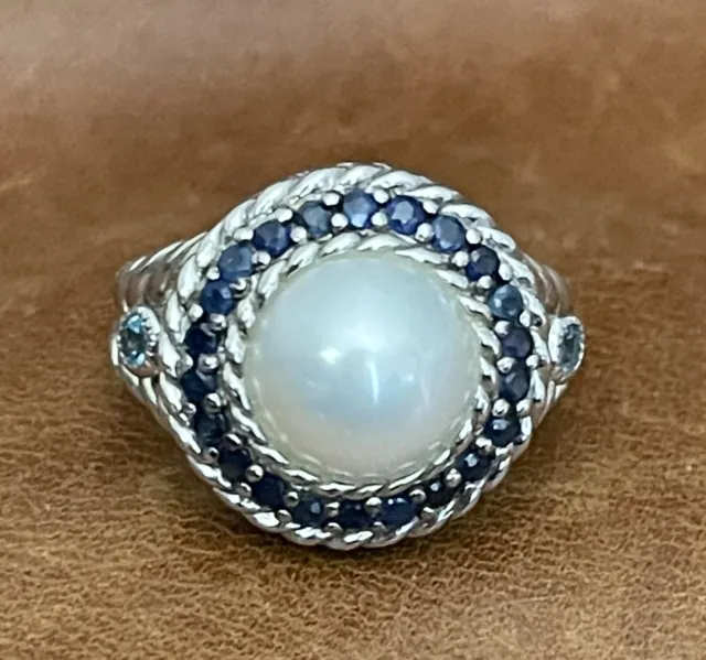 Judith Ripka Sterling Diamonique Mabe Pearl, Blue Sapphire & Topaz Ring Sz 6.25