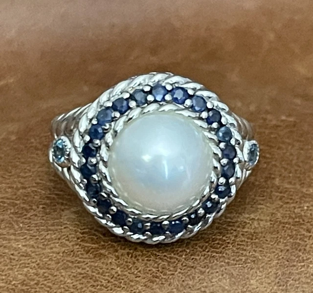 Judith Ripka Sterling Diamonique Mabe Pearl, Blue Sapphire & Topaz Ring Sz 6.25 Judith Ripka Sterling Diamonique Mabe Pearl, Blue Sapphire & Topaz Ring Sz 6.25