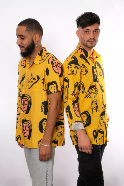 Funny Faces Statement Print Yellow Shirt Hawaiian Style Festival Shirt