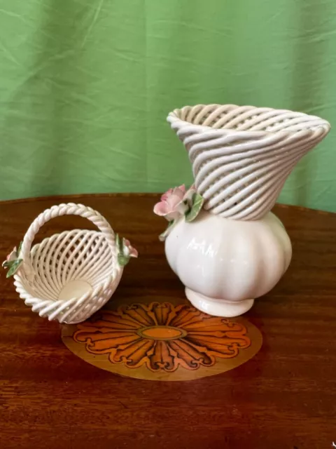 Vintage Capodimonte Style Porcelain China Woven Flower Basket And Vase