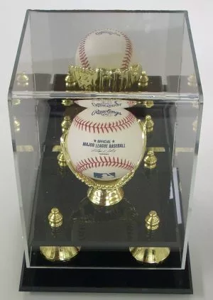 Baseball 1-Ball Deluxe Acrylic Gold Glove Display Case/Mirror back/Gold risers
