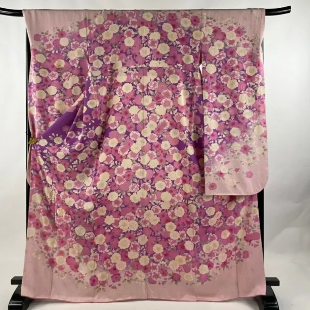 Woman Japanese Kimono Furisode Silk Cherry Blossom Gold Thread Foil Purple