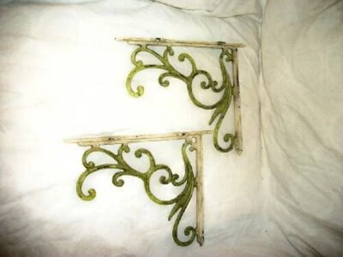 Antique Cast Iron Wall Shelf Brackets Chippy Green Creamy Paint Ornate