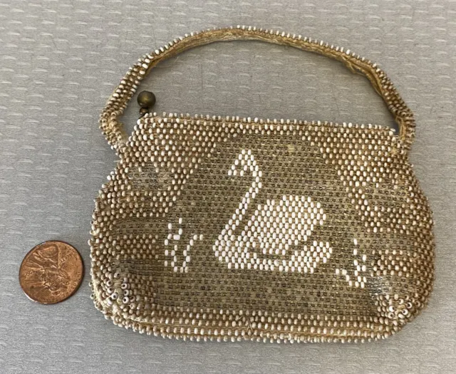 Antique Childs Doll Miniature Beaded Purse with Swan Made in Czechoslovakia 4"