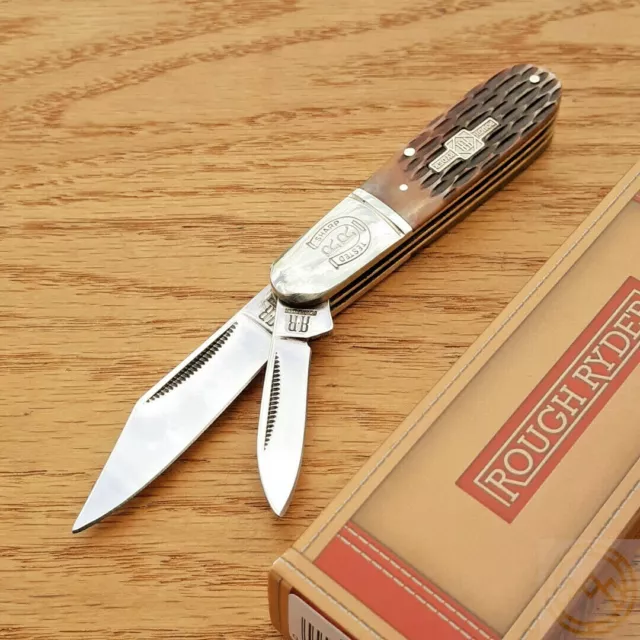 Rough Ryder Barlow Pocket Knife Stainless Steel Blades Amber Jigged Bone Handle