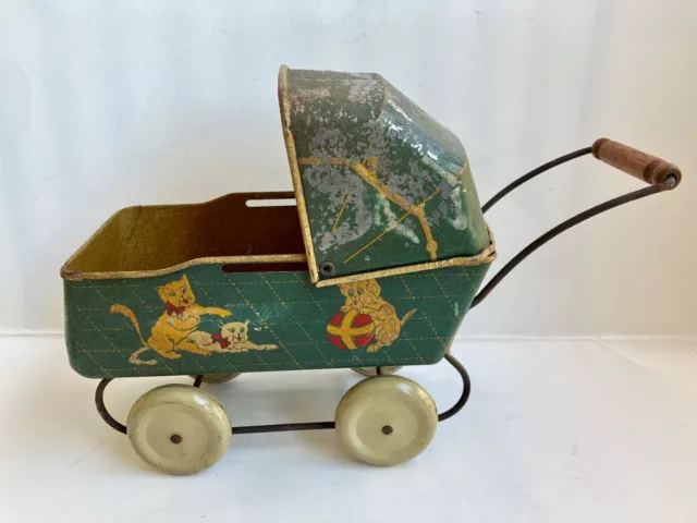 Vintage 1930s WYANDOTTE 9.5" Tin Lithograph Doll Baby Pram Carriage