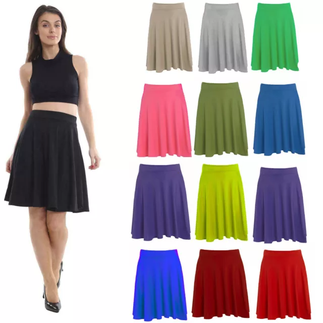 Womans Short Skater Skirt Ladies Plus Size Plain Flared Elastic Waist 8-26