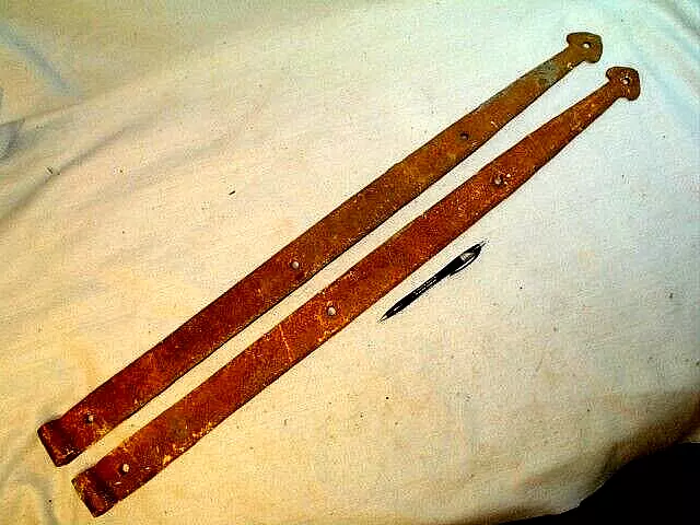PAIR ANTIQUE 1800's HAND HAMMERED HAND FORGED 31'' BARN DOOR STRAP HINGES