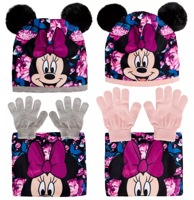 Disney Minnie Mouse Bobble Hat  + Snood Scarf + Gloves Girls 3 Piece Winter Set
