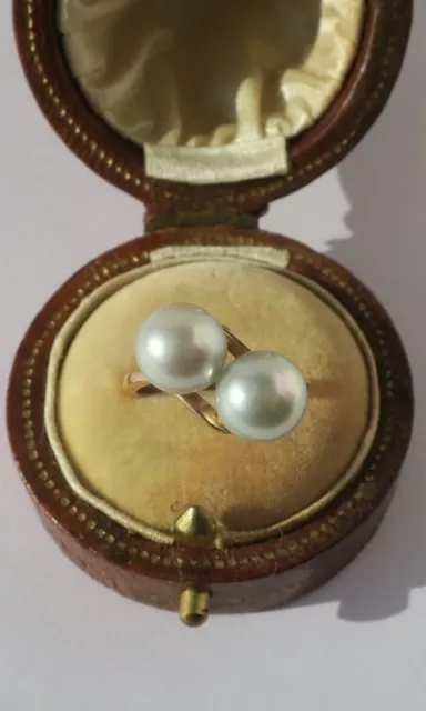 Bague Toi et Moi vintage grosses perles culture grises Akoya 8,7mm or 18 carats