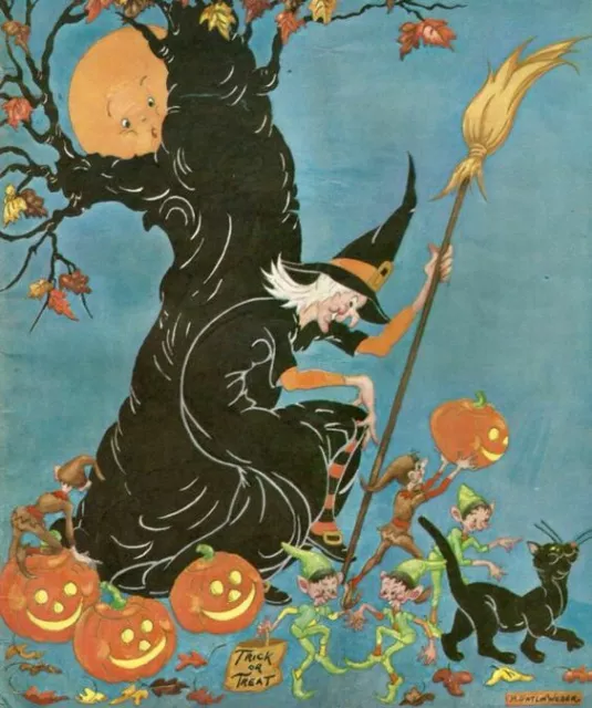 Handmade Vintage Halloween Book Page Witch & Elves 8x8 Quilt Craft Fabric Block