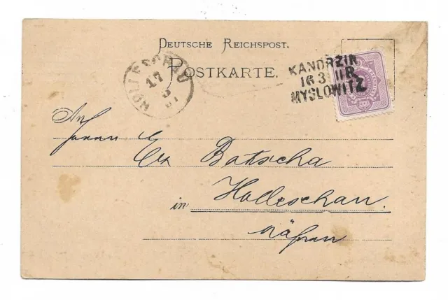 GERMANY/EMPIRE-POLAND 1887s POSTAL CARD FROM MYSLOWITZ/PAID 5 Rp DIGIT IN OVAL