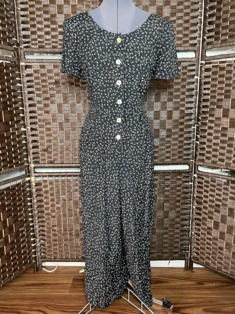 Sz 10 Vintage 90s Floral Wide Leg Pant Romper Jumpsuit Navy Blue White Button