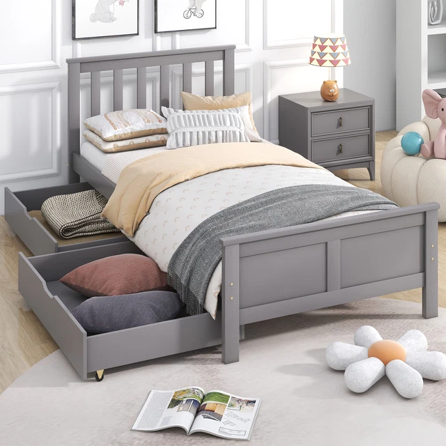Letto di stoccaggio 3 piedi legno singolo grigio pino massello con cassetti telaio per mobili