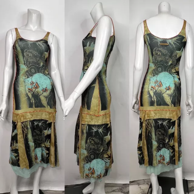 Vtg Jean Paul Gaultier Classique Green Tribal Print Mesh Dress M