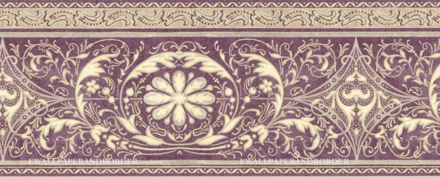 Lilac Scroll Acanthus Leaf Arabesque Filigree Lattice Damask Wallpaper Border
