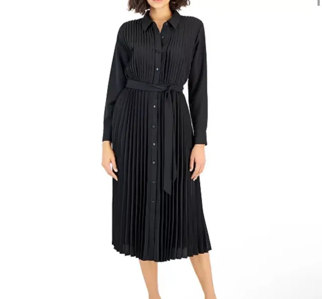 Women's Black Pleated Belted Midi Shirtdress long sleeve Alfani size 8 NWT $129