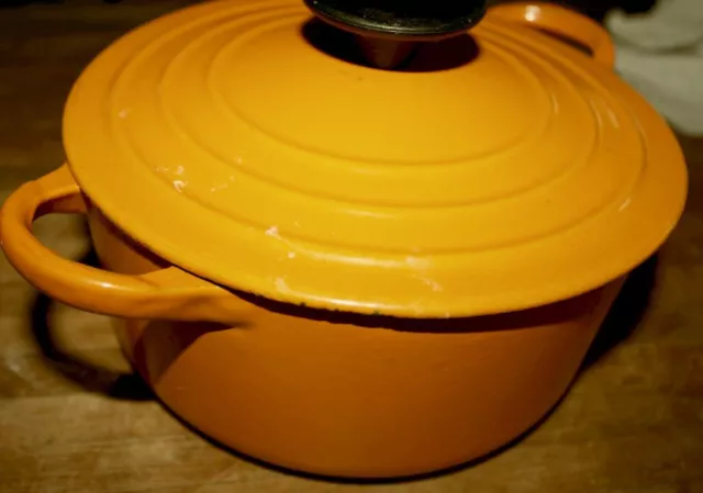 Vtg Le Creuset "B" Small Dutch Oven & Lid 2qt-7.25" Yellow/Orange Nectar FRANCE