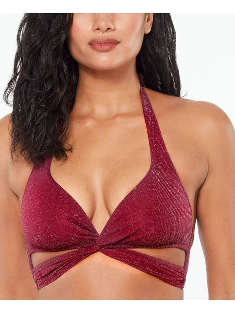 BAR III Women's Maroon Stretch Tie Lined Cutout Sweetheart Halter Swimsuit Top M