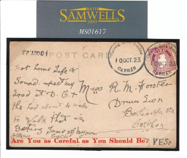 EIRE Card 1923 IRISH TROUBLES Period LABEL *Are You Careful* Cavan Cover MS1617