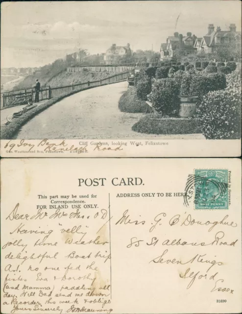 Felixstowe Cliff Gardens Looking West Geo Wooton Local Publisher 1904 Cancel