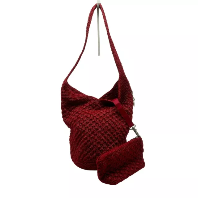 The Sak Hobo Crochet Shoulder Bag Included Cosmetic Bag One Strap Button Red