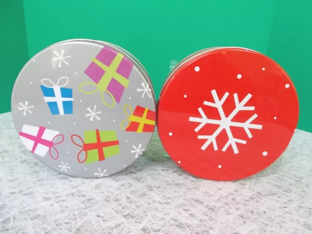 NEW! Set of 2,The Tin Box Co.-"Snowflake Tin & Presents Tin" With Lids - 7" Dia.