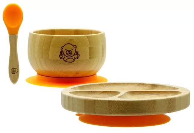 Baby Toddler Bamboo Suction Bowl, Plate & Spoon Set Weaning Plates