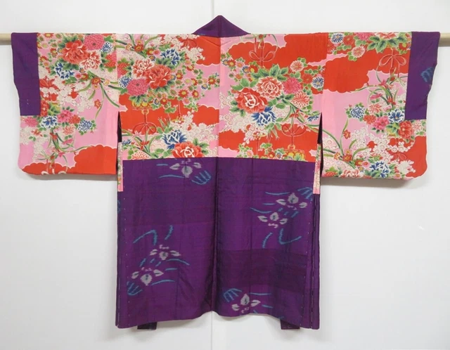 1221N09z420 Vintage Japanese Kimono Silk MEISEN HAORI Dark purple Flower