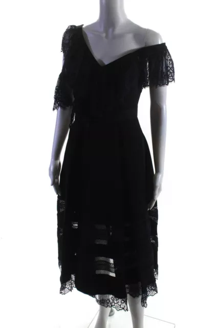 Self Portrait Womens Lace Asymmetrical Sleeve A-Line Midi Dress Black Size 2 2