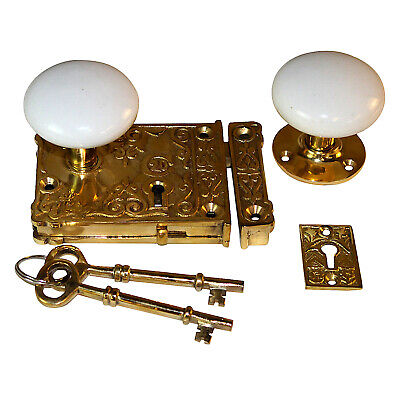 Ornate Decorative Old Victorian Style Door Rim Lock Solid Brass Porcelain Knobs