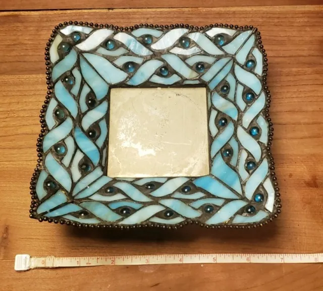 PARTYLITE PILLAR CANDLE HOLDER "Spring Water"  TEAL BLUE STAINED GLASS  7"x 7"