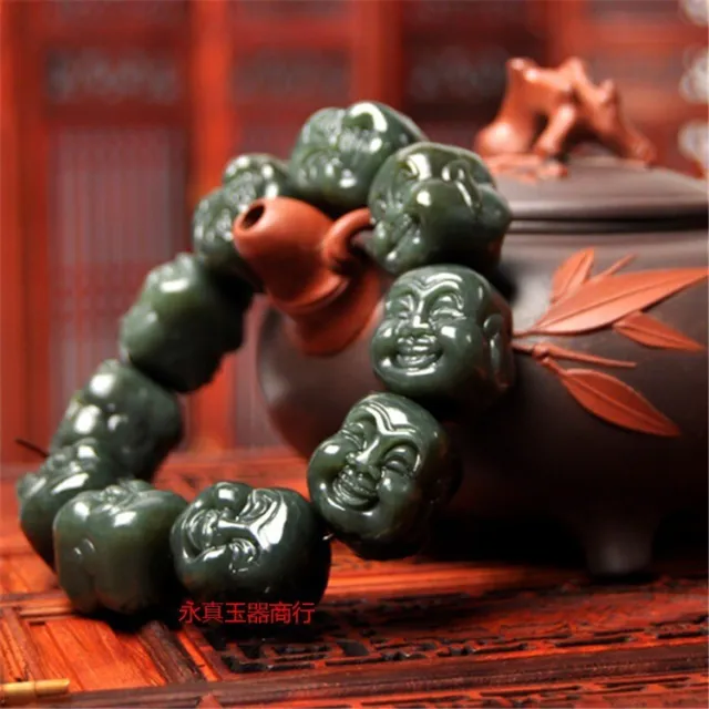 Hetian Jade Buddha Head Bracelet Double-Sided Eighteen Arhat Buddha Head Beads