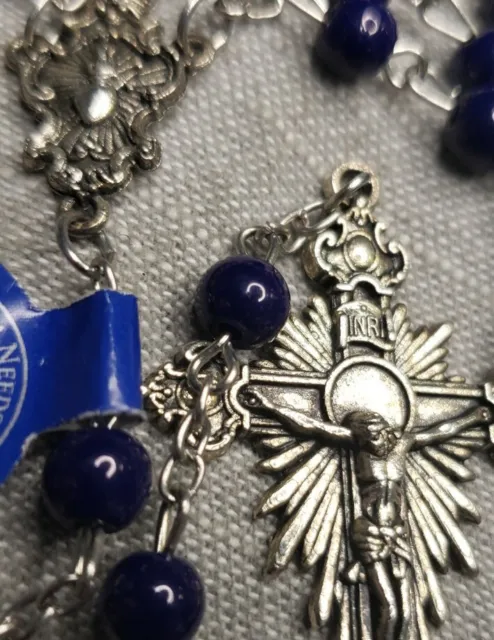 Vintage Rosary Sacred Heart blue Beads Rome Catholic Crucifix Beautiful G64
