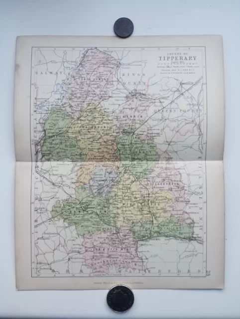 Antique County Map of TIPPERARY , Ireland - Phillips Handy Atlas , 1882