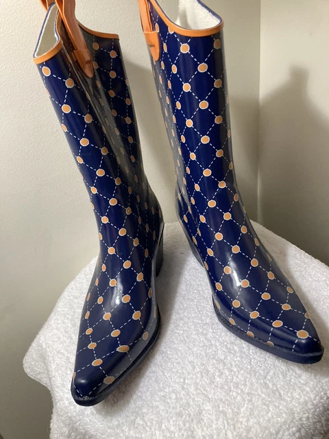 Stadium Stompers Cowgirl Rain Garden Boots Blue Orange Polka Dot Size US 9 EU 39 Stadium Stompers Cowgirl Rain Garden Boots Blue Orange Polka Dot Size US 9 EU 39