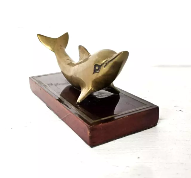 Vintage Brass Dolphin Figurine On Wood Base 3