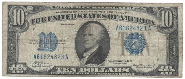 Nice Circulated  Series of 1934  $10 Silver Certificate pin hole