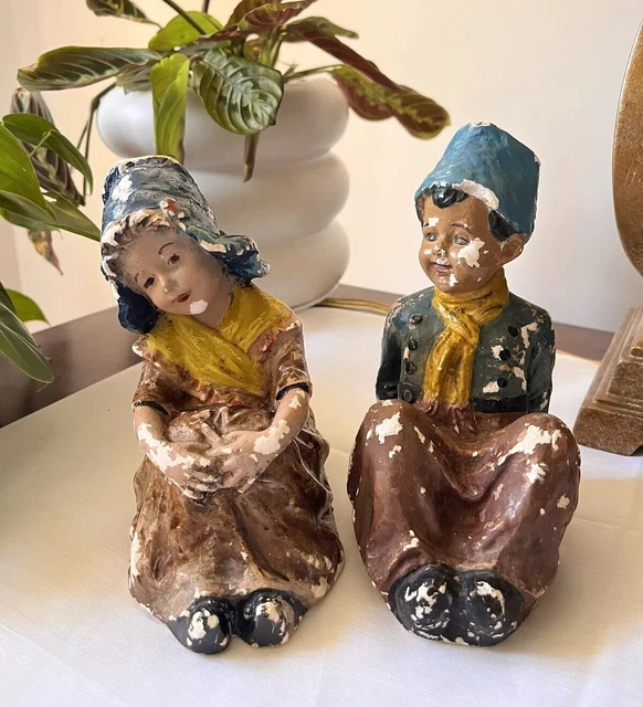 Vintage 1940s - 50s Chalkware Plaster 2024 Dutch Boy and Girl Key Holder