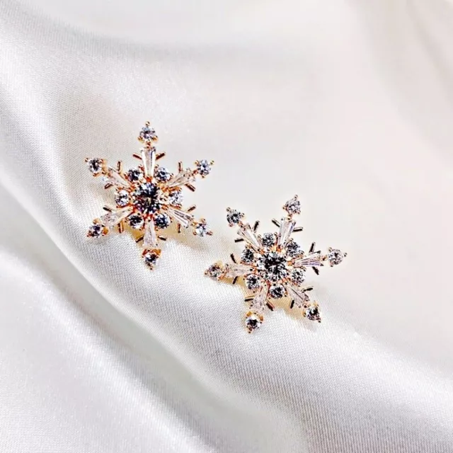 18K WHITE&ROSE GOLD Filled Cubic Zirconia Channel-Set Snowflake Stud ...