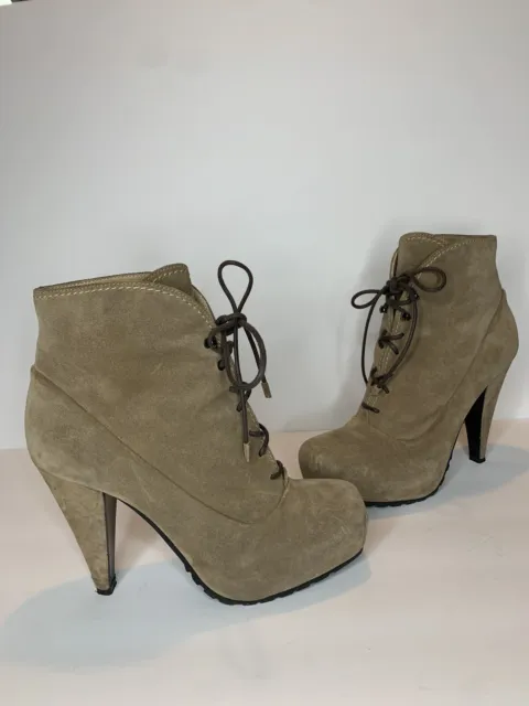 PROENZA SCHOULER Tan Suede Lace Up Square Toe Ankle Boots Heels Size 39.5-8.5