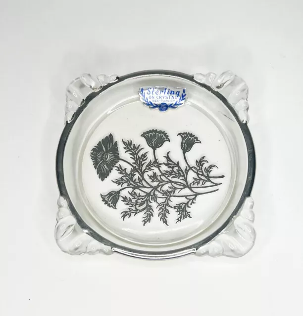 Crystal Cigar Ashtray Sterling Silver Overlay Floral Decor