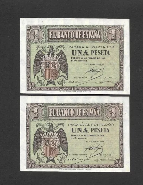 Pareja Correlativa 1 Peseta  Febrero 1938 Serie E  S/C