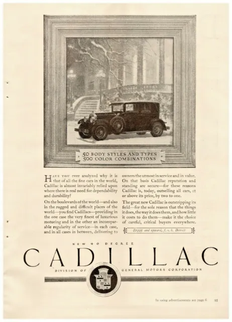 1927 Cadillac Vintage Print Ad New 90 Degree Winter Scene 50 Body Styles Types