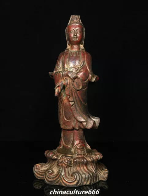 11.4" Old Tibet Bronze Gilt Kwan-yin Guan Yin Boddhisattva Goddess Buddha Statue