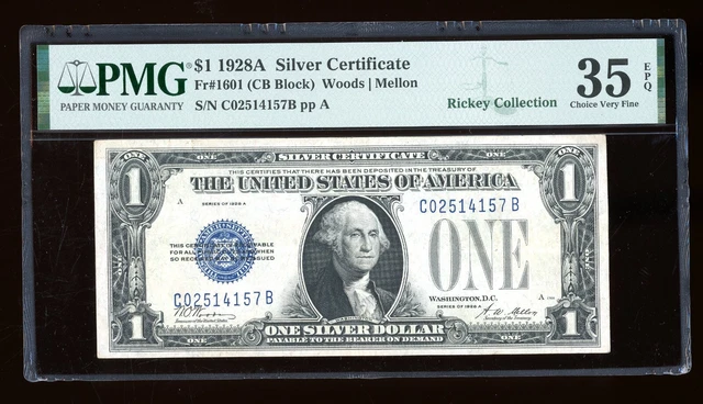 DBR 1928-A $1 Silver Funnyback Fr. 1601 CB Block PMG 35 EPQ Serial C02514157B