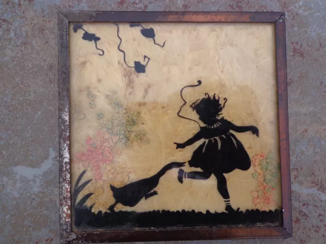 Vintage Reverse Painted Framed Silhouette Milkweed & Dried Flowers Girl & Goose