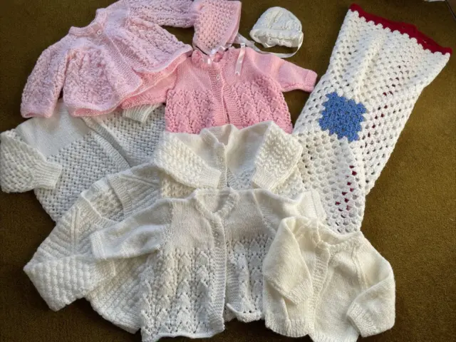 Bundle Handknitted Baby Girl Cardigans Pink White Unworn 0-3 3-6 6-12 Months